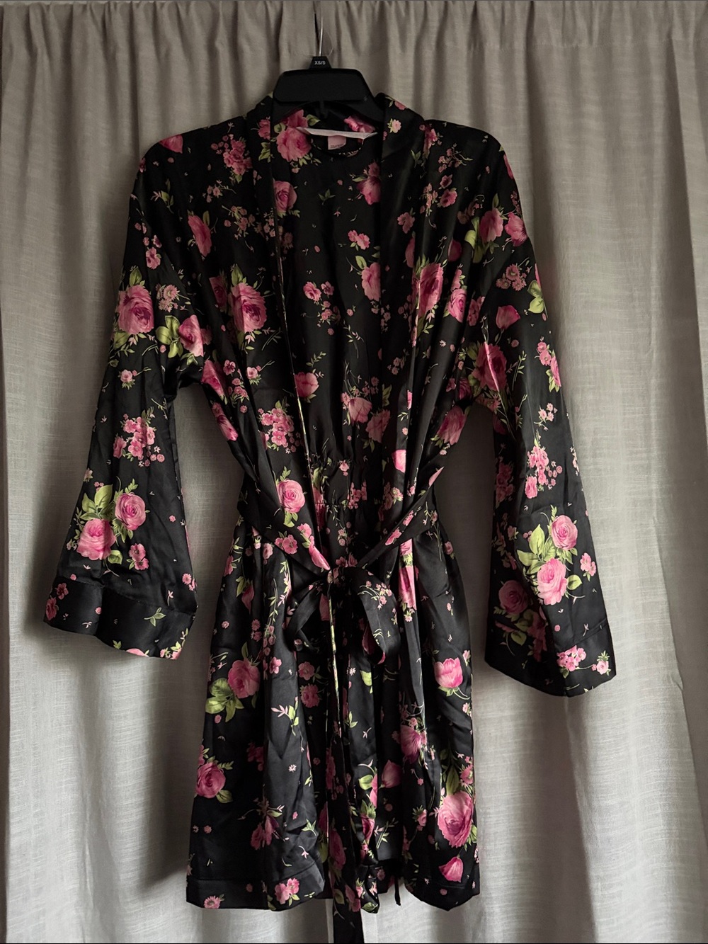 Victoria's Secret Black Satin Robe with Pink Rose Print